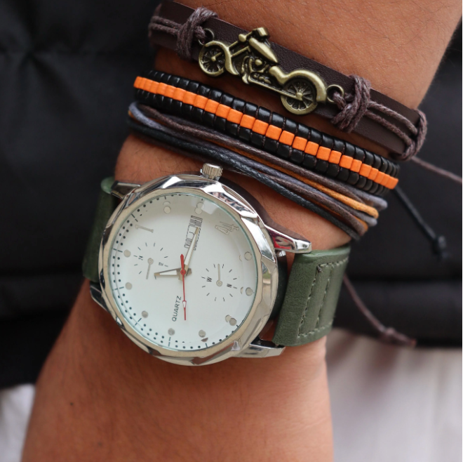 Set Reloj elegante + Pulseras de cuero pu y Nylon